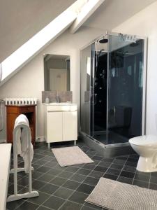 uma casa de banho com uma cabina de duche em vidro e um lavatório. em No 6 B&B em Landivy