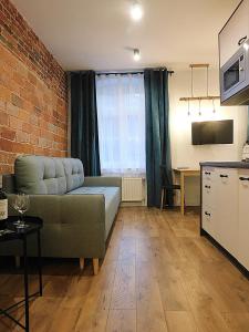 Il comprend un salon avec un canapé et une table. dans l'établissement Apartament BAJ No.2, à Toruń