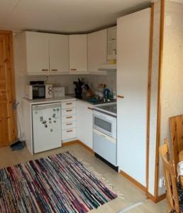 una pequeña cocina con armarios blancos y alfombra en Sigridstorp Åsljunga, en Orkelljunga