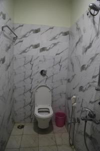 La salle de bains blanche est pourvue d'une douche et de toilettes. dans l'établissement SRI JUPUDY RESIDENCY, à Radjahmoundry