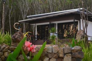 阁遥岛Camp Hadee Koh Yao Noi的树林中的小屋,设有石墙