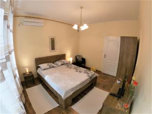 1 dormitorio con cama y lámpara de araña en Apartment Honey Free Parking en Sarajevo