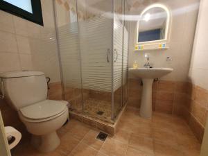 a bathroom with a shower and a toilet and a sink at Countryside Studios in Agia Effimia