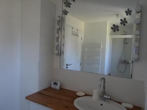 a bathroom with a sink and a mirror at La Fermette de TREGASTEL, classée 3 étoiles in Trégastel +10 photos