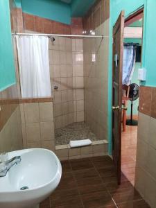 a bathroom with a shower with a sink and a toilet at SAINT Charles Inn, Belize Central America in Punta Gorda