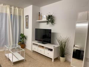 una sala de estar con TV en un armario blanco en JASALPI único apartamento delante del Lago de Banyoles, en Banyoles