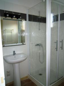 a bathroom with a glass shower and a sink at LES MARMOTTES in Gez