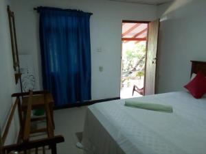 a bedroom with a bed with a blue curtain and a window at Angry birds homestay in Habarana