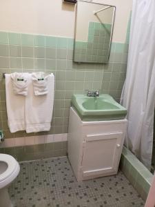 a bathroom with a sink and a toilet and a mirror at Midtown Guest House in Charlotte Amalie