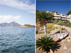 Appartement Cala Conills, Sant Elmo - WIFI gratis في سانت إلم: صورتين لشاطئ فيه ناس تسبح في الماء