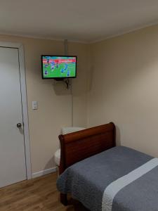 um quarto com uma cama e uma televisão de ecrã plano na parede em Quimey Ruca em Freire