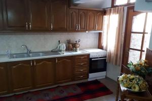 cocina con armarios de madera, fregadero y fogones en Eufrosini Guesthouse, en Metsovo
