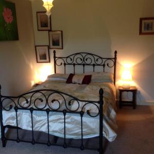 een slaapkamer met een groot zwart bed met 2 lampen bij The Firs in Builth Wells