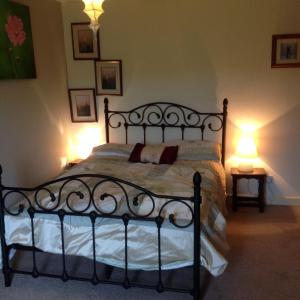 a bedroom with a large black bed with two lamps at The Firs in Builth Wells
