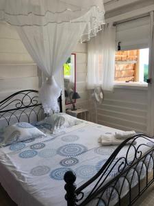 a bed with a blue and white comforter and a window at La Colline Business & Tourisme in Le Lamentin