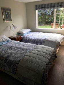 zwei Betten in einem Schlafzimmer mit Fenster in der Unterkunft Ngapuna Cottage in Christchurch