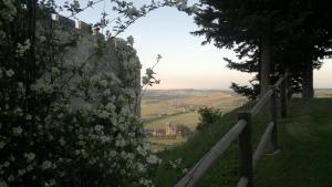 a stone wall with a fence and white flowers at Valverde Guest House in Tarquinia