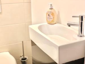 a soap bottle sitting on top of a sink in a bathroom at Contemporary City Apartment - by Nahuen Suites in Graz