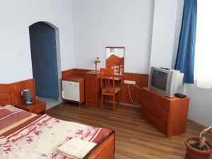 a bedroom with a bed and a tv and a desk at Sasi Panzió 2 in Esztergom