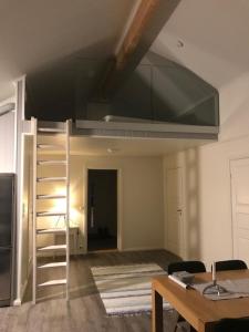 a loft bed in a room with a table and a ladder at Kjelkebakken gård 2. in Lyngseidet