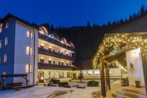 un gran edificio con luces de Navidad en él en Pensiunea Sibiel, en Sibiel