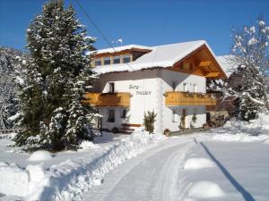 un bâtiment dans la neige avec un arbre et une route dans l'établissement Haus Bergfrieden, à Castelrotto