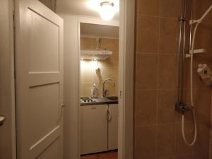 a bathroom with a shower and a toilet and a sink at Villa Gurevitch - 4 lägenheter med sängplats för två i varje lägenhet in Urshult
