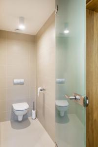 a bathroom with a toilet and a glass shower door at Modern Apartment in a Picturesque 15th-Century Building in Prague