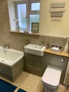 a bathroom with a sink and a toilet at Deri-Down Guest House in Abergavenny