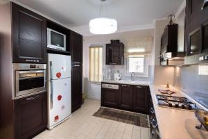 a kitchen with black cabinets and a white refrigerator at VILLA FAIRIES in Lygia
