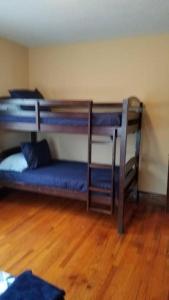 a room with three bunk beds and a wooden floor at Quaint Apartment in Older East Knoxville in Knoxville