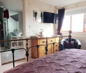 a bedroom with a bed and a sink and a mirror at Oak Lodge B&B in Bude