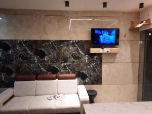 a living room with a couch and a tv on a wall at Hotel the grand shiva in Gondal