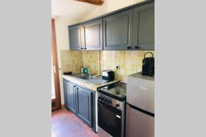 a kitchen with blue cabinets and a stove and a sink at DUPLEX EN PLEIN COEUR DU VILLAGE in Cassis