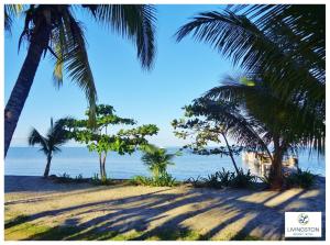 a beach with two palm trees and the ocean at Livingston Resort Hotel in Lívingston