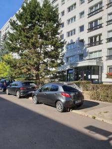 eine Reihe von Autos, die an der Straßenseite geparkt sind in der Unterkunft Top View & City ALEX in Berlin
