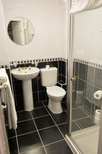 a bathroom with a toilet and a sink and a shower at Lauriston & Lawton Court Hotel in Llandudno