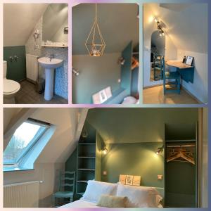 a collage of pictures of a bedroom and a bathroom at Hôtel des Bains in Figeac