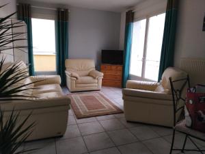 een woonkamer met 2 banken en een tv bij logis SAINT AUSTREMOINE in Issoire