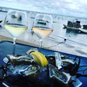 zwei Gläser Weißwein auf dem Tisch in der Unterkunft Appartement cosy village de L'Herbe in Lège-Cap-Ferret + 23 Fotos