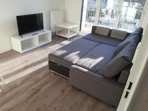ein Wohnzimmer mit einem Sofa und einem Flachbild-TV in der Unterkunft Appartement haussmannien au bord du lac panorama in Clamart
