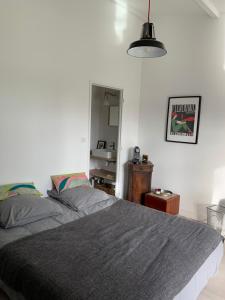 um quarto com uma cama grande e um espelho em La chambre de Laura em Castelnau-le-Lez