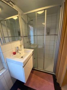 een badkamer met een witte wastafel en een douche bij B&B Riverside - Centre of Bruges in calm area in Brugge