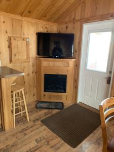una habitación con chimenea y TV en una cabaña en Bearlodge Mountain Resort, en Sundance