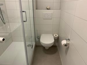 a small bathroom with a toilet and a shower at Apartment Beethoven by Aux Property in Augsburg