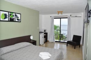 a bedroom with a bed and a chair and a window at Posada del Barranco Apart & Suites in Fray Bentos