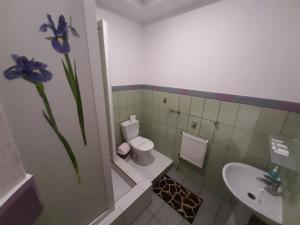 uma casa de banho com um WC, um lavatório e um vaso de flores em Лагуна em Snyatyn