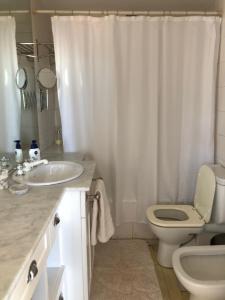 uma casa de banho com uma cortina de chuveiro branca e um WC. em Recoleta Apartment em Buenos Aires