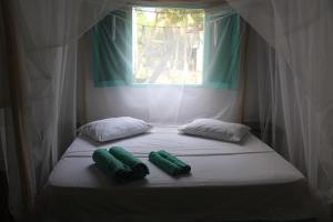 a bed with two green pillows and a window at casa kashiikaii in Palomino