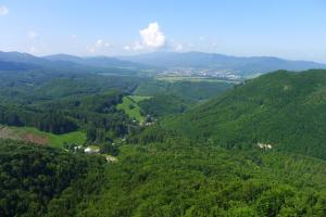 an aerial view of a green valley with trees at Penzión MLADOSŤ Remata in Ráztočno